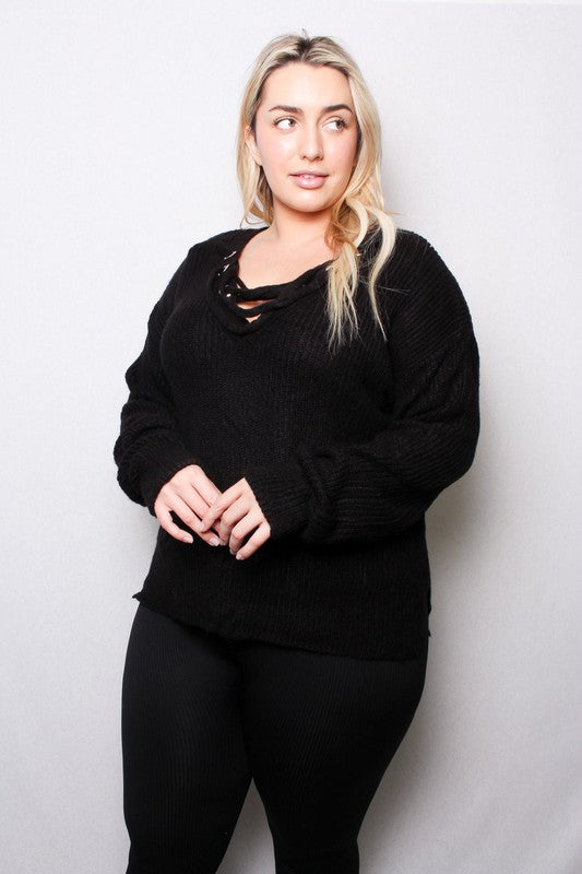 LACE UP KNIT SWEATER TOP | CURVY | black|