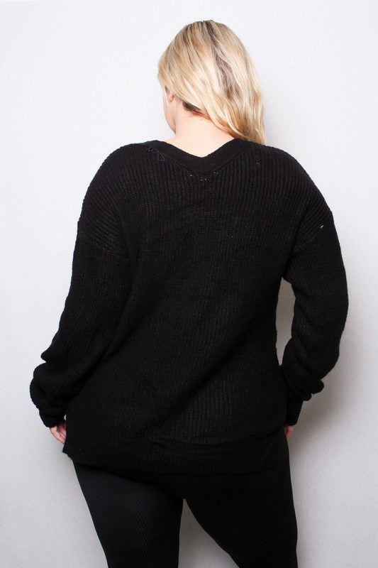 LACE UP KNIT SWEATER TOP | CURVY | black|