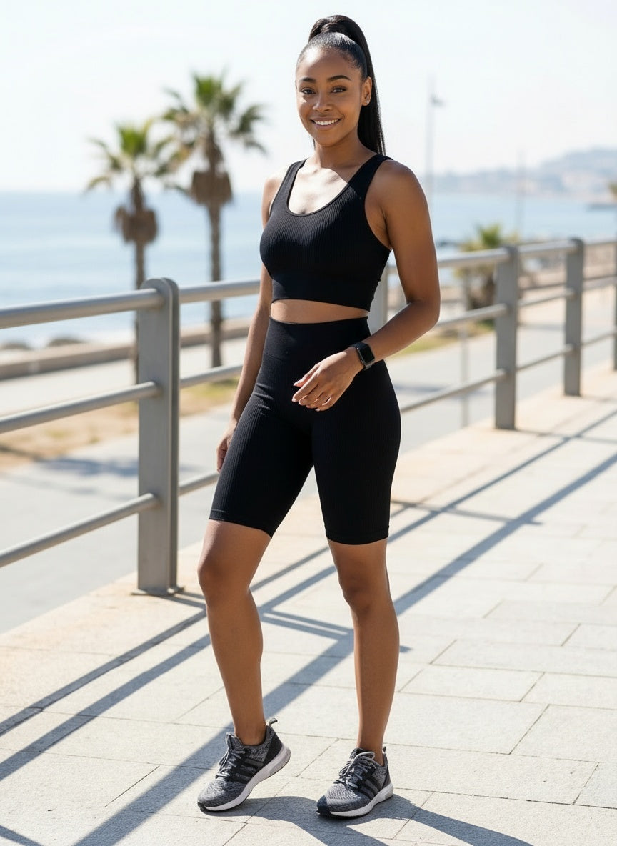 RIBBED SEAMLESS BIKER SET | black |