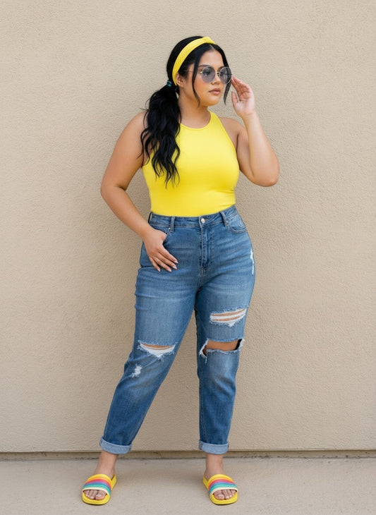 HIGH WAIST BOYFRIEND JEANS| CURY| dark denim |