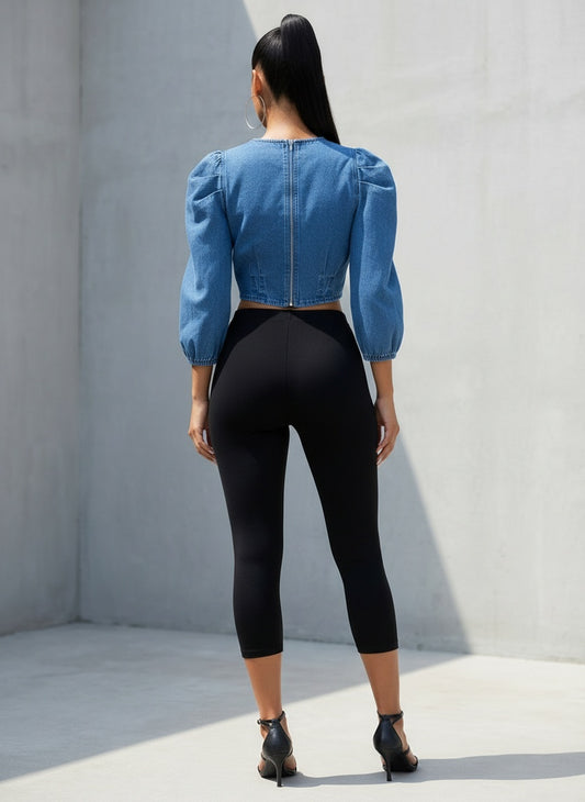 DENIM RUFFLE SHOULDER CROP TOP