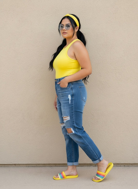 HIGH WAIST BOYFRIEND JEANS| CURY| dark denim |