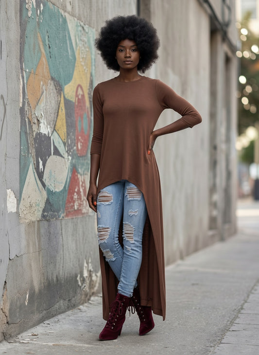 HIGH-LOW LONGLINE TOP| white| mocha |