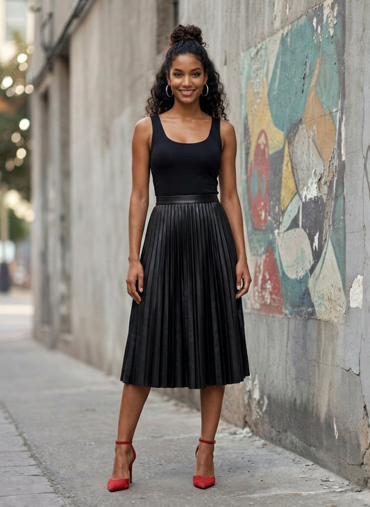 FAUX LEATHER PLEATED MIDI SKIRT