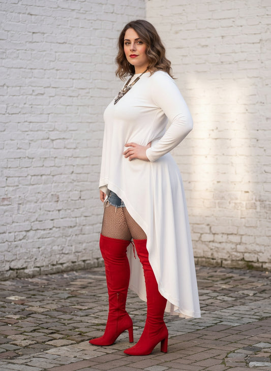 HIGH-LOW LONGLINE TOP | CURVY | white | mocha |