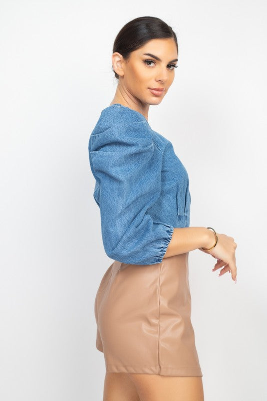 DENIM RUFFLE SHOULDER CROP TOP