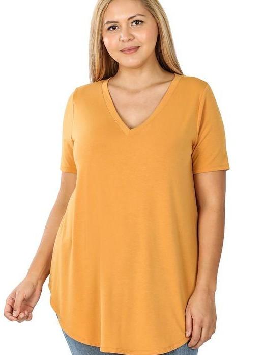 BUTTERY SOFT V-NECK TEE | CURVY |mustard| bone|