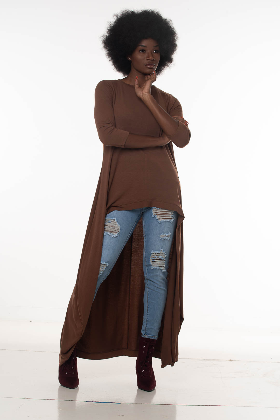 HIGH-LOW LONGLINE TOP| white| mocha |