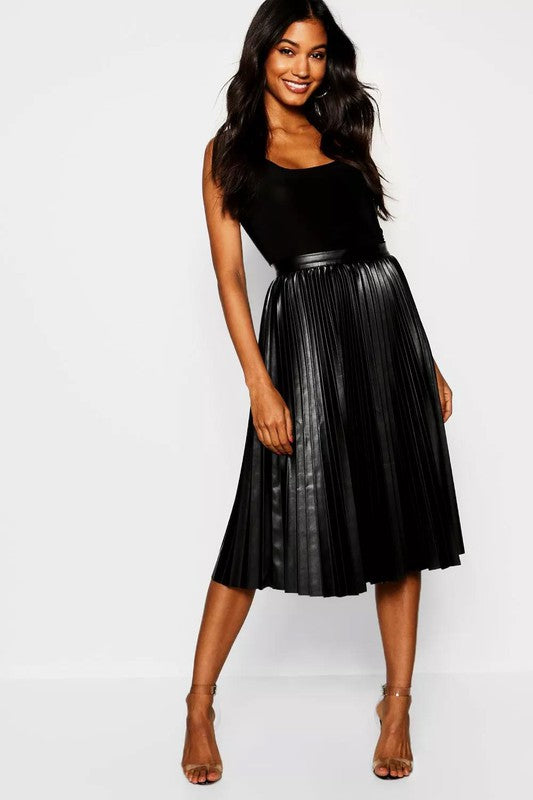 Faux Leather Pleated Midi Skirt