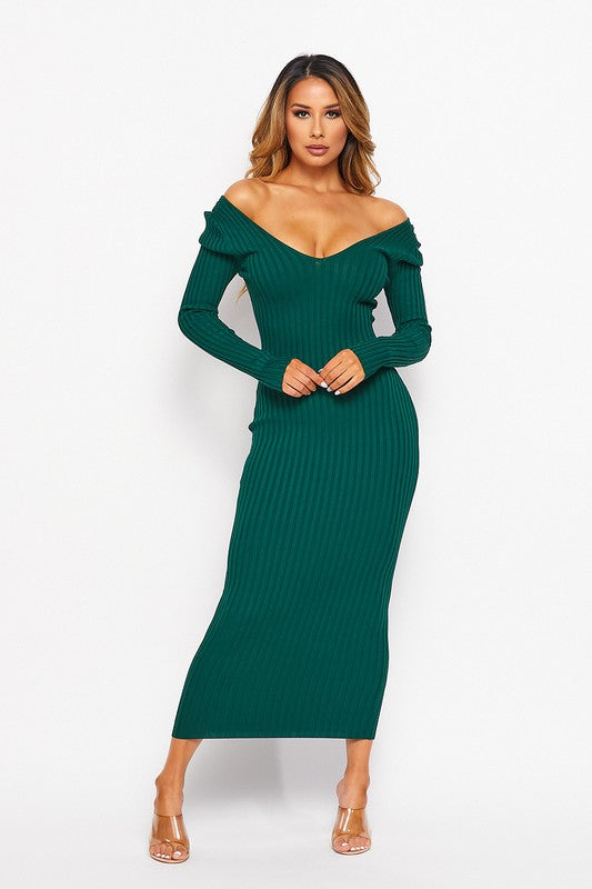 OFF THE SHOULDER RIBBED MIDI DRESS