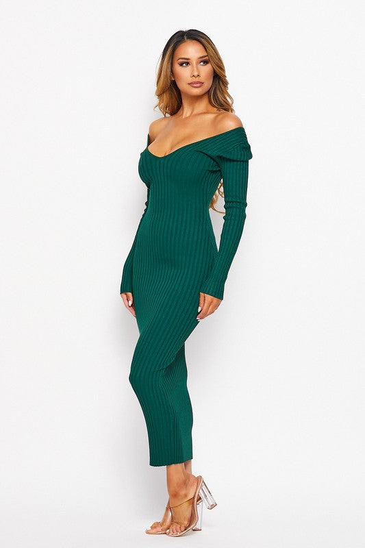 OFF THE SHOULDER RIBBED MIDI DRESS