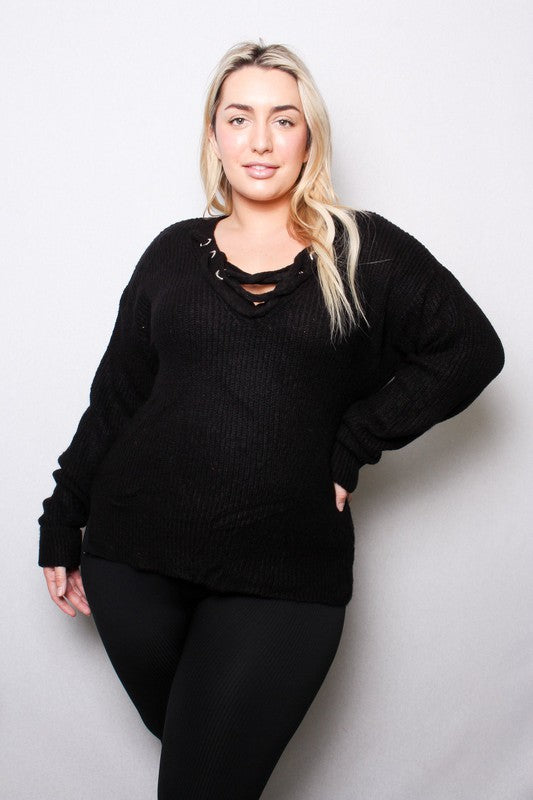 LACE UP KNIT SWEATER TOP | CURVY | black|