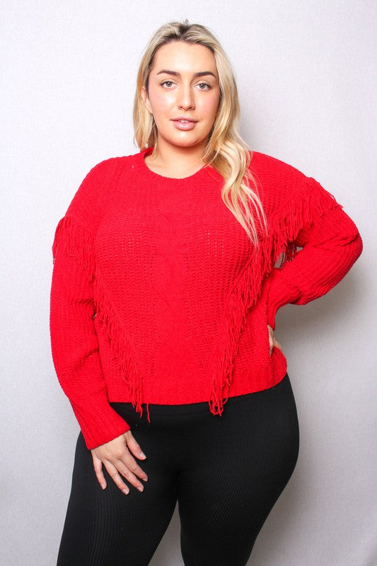 FRINGE KNIT SWEATER | CURVY | red |