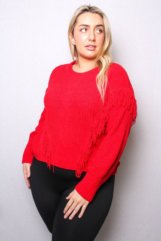 FRINGE KNIT SWEATER | CURVY | red |