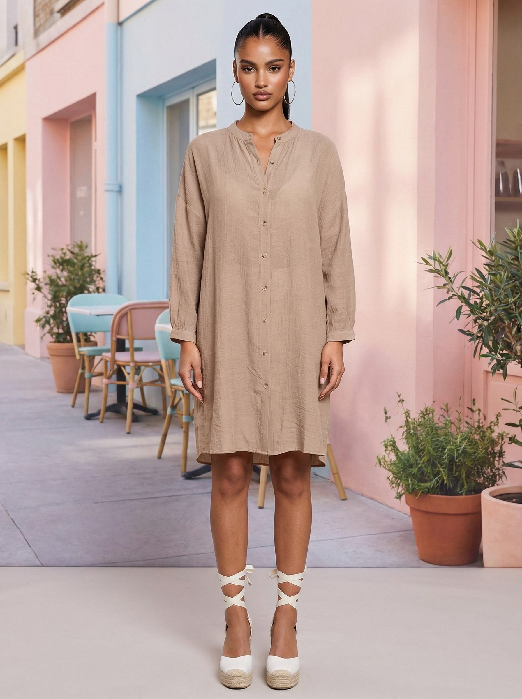 blue dress for baby girl Button Up Sleeveless Shirt Dress Khaki / Xs / 65% Tencel / 35% Rayon main image 1
