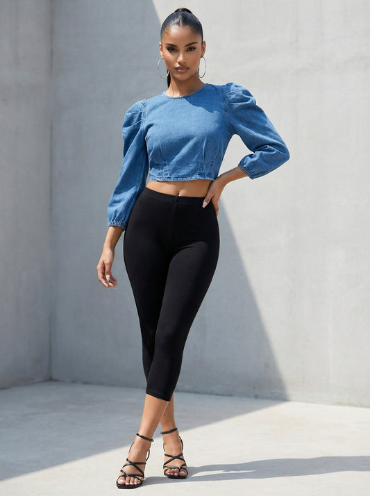 DENIM RUFFLE SHOULDER CROP TOP