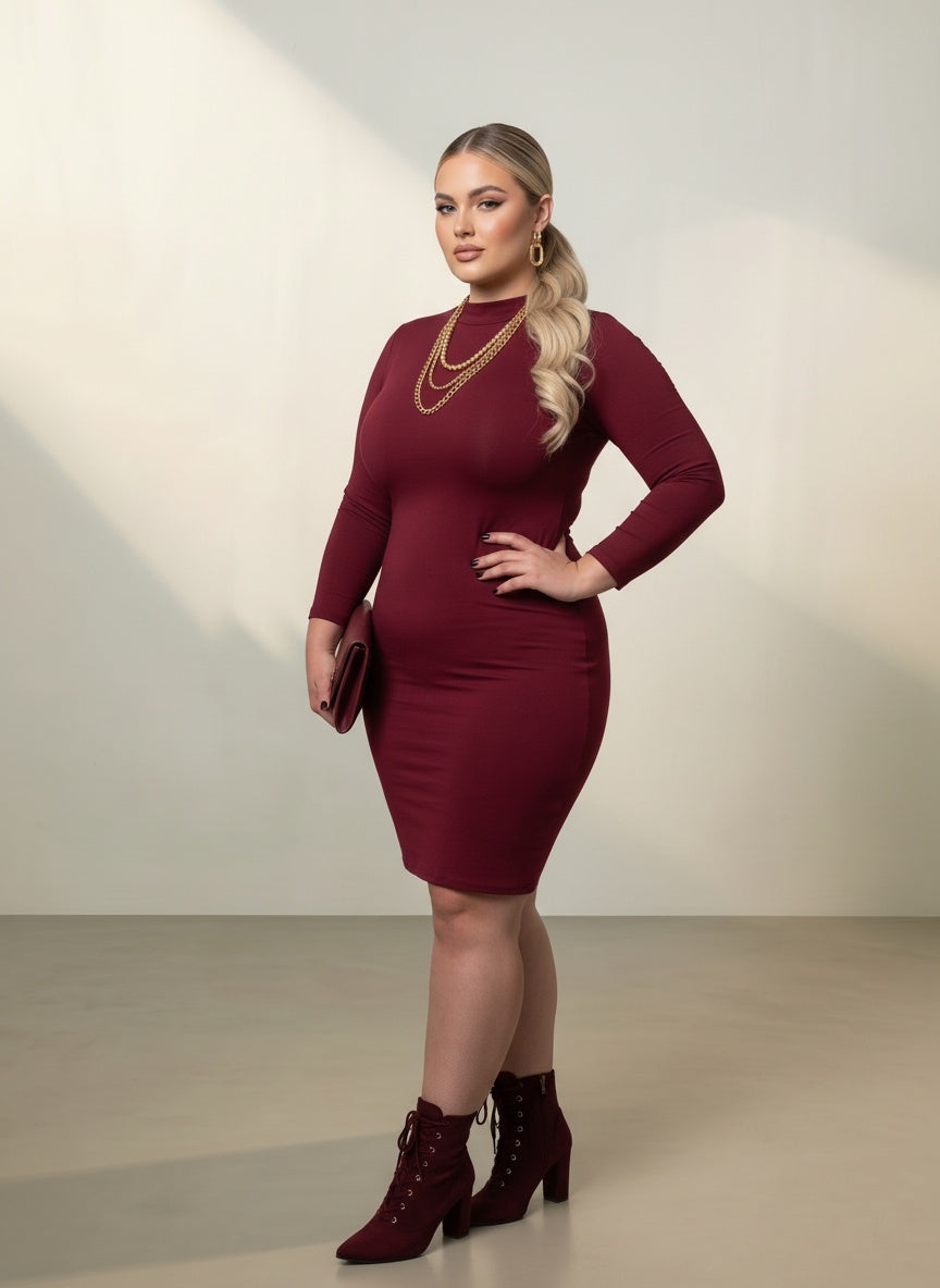 MOCK NECK MIDI BODYCON DRESS | CURVY |black| burgundy |