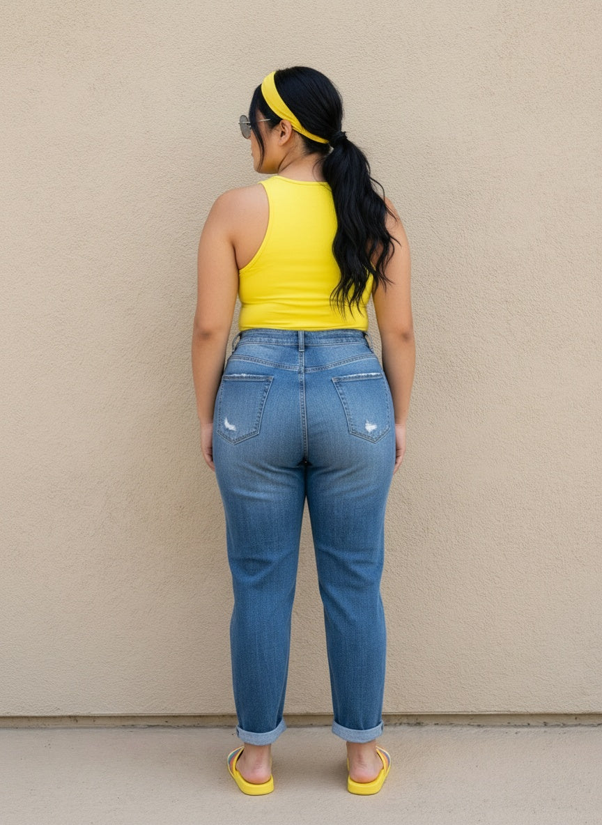HIGH WAIST BOYFRIEND JEANS| CURY| dark denim |
