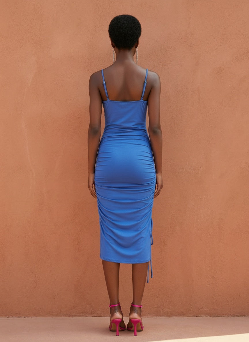 SOMETHING BLUE RUCHED MIDI DRESS