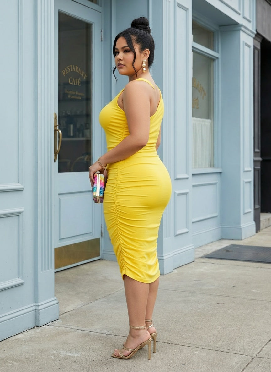 ONE SHOULDER MIDI DRESS | CURVY | yellow| Blended Boutique ONE SHOULDER MIDI DRESS | CURVY | yellow| Blended Boutique