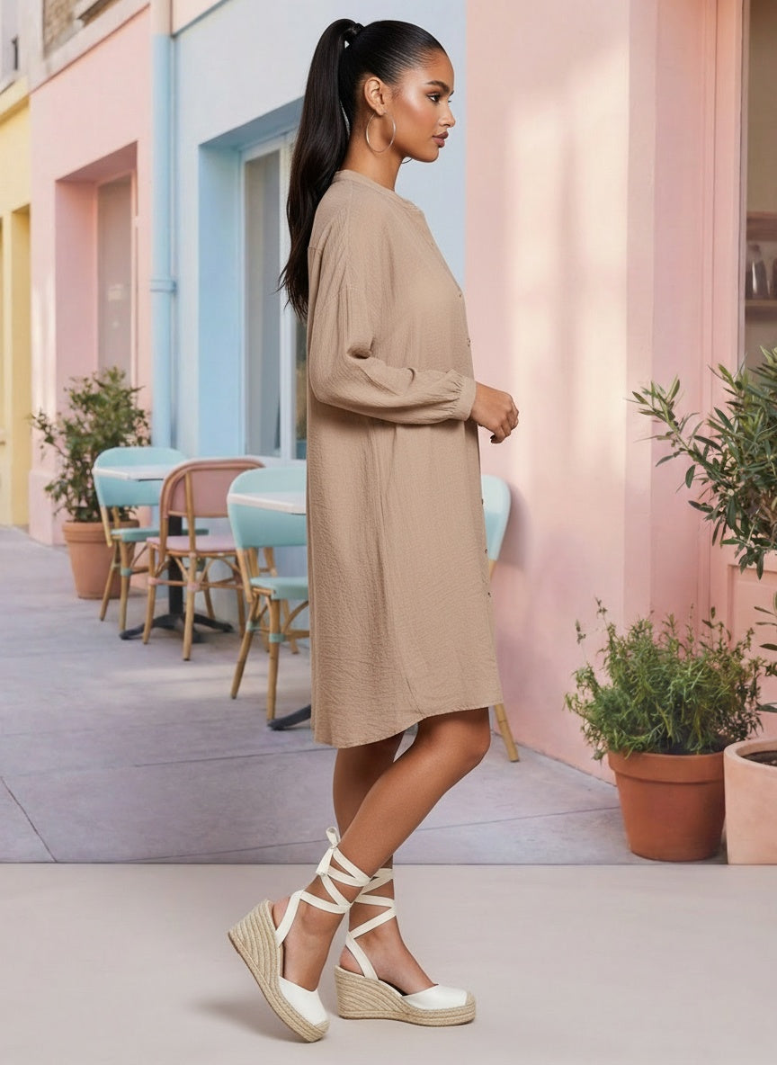 SHEER BUTTON UP SHIRT DRESS M / Taupe SHEER BUTTON UP SHIRT DRESS M / Taupe