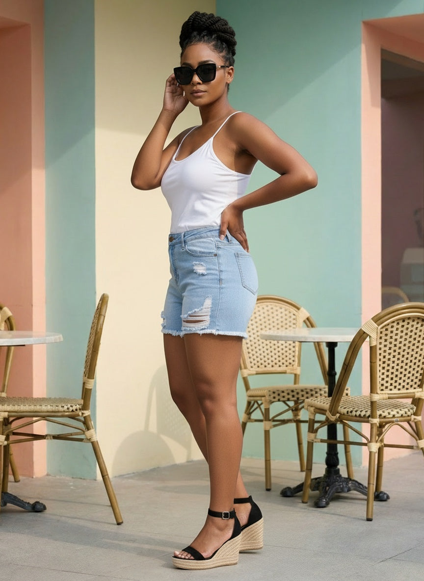 DISTRESSED DENIM SHORTS