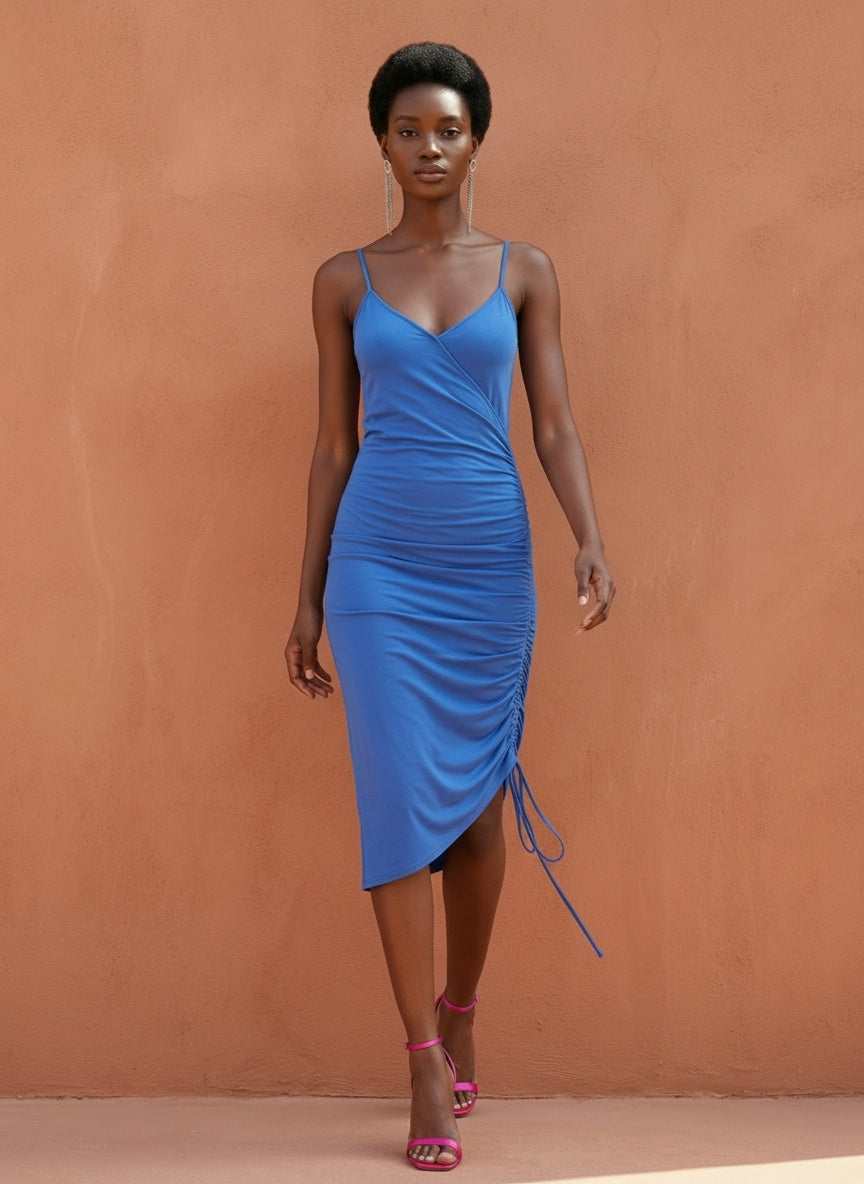 SOMETHING BLUE RUCHED MIDI DRESS