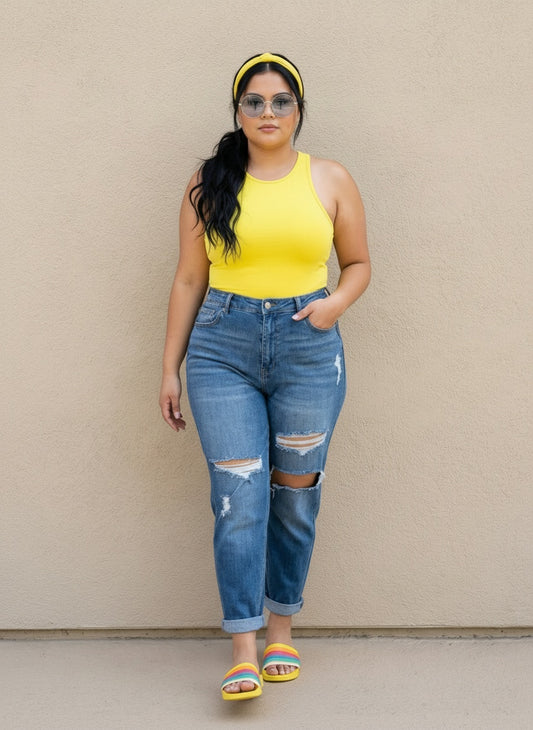 HIGH WAIST BOYFRIEND JEANS| CURY| dark denim |
