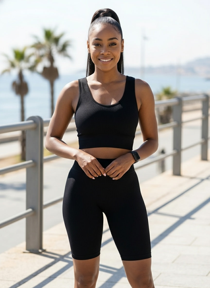 RIBBED SEAMLESS BIKER SET | black |