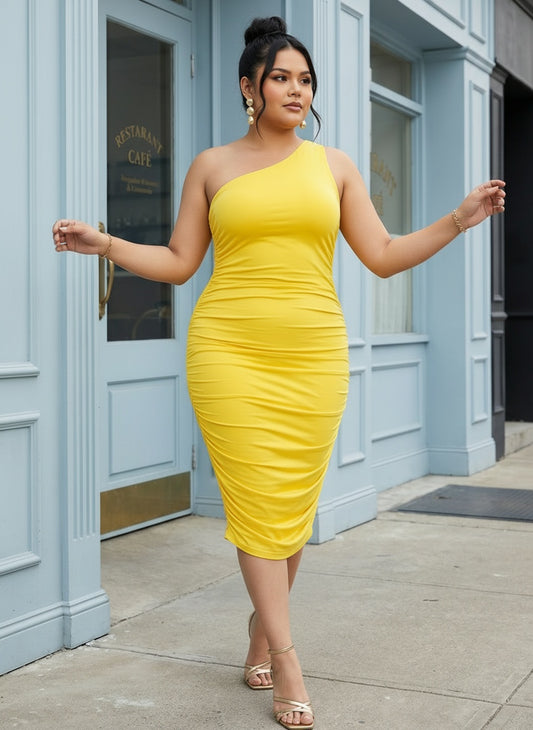 ONE SHOULDER MIDI DRESS | CURVY | yellow|