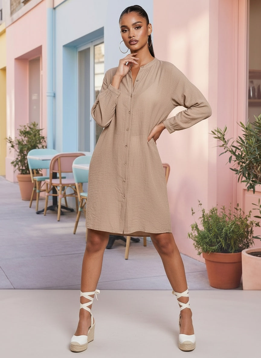 SHEER BUTTON UP SHIRT DRESS M / Taupe
