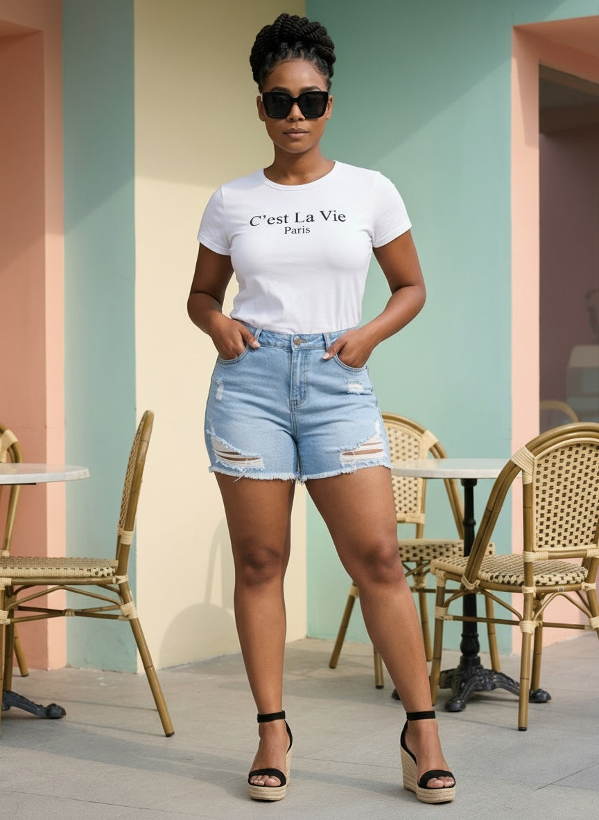DISTRESSED DENIM SHORTS