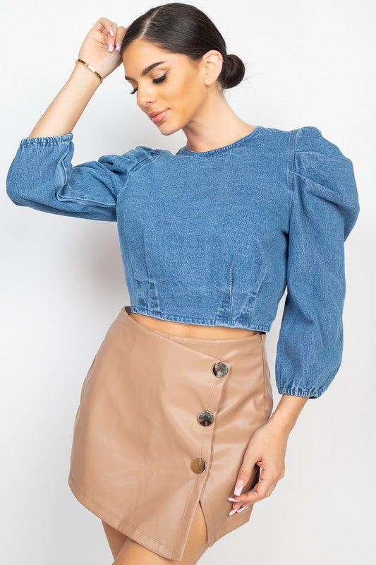 DENIM RUFFLE SHOULDER CROP TOP