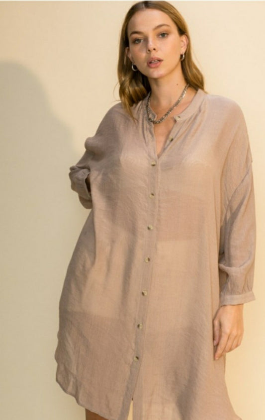 SHEER BUTTON UP SHIRT DRESS