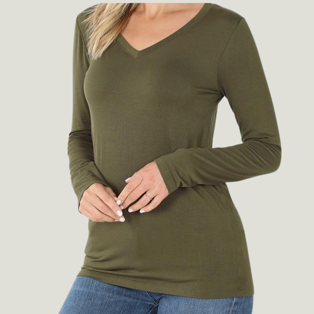 BUTTERY SOFT LONG SLEEVE TOP V-NECK TOP | CURVY | mustard| burgundy| olive|