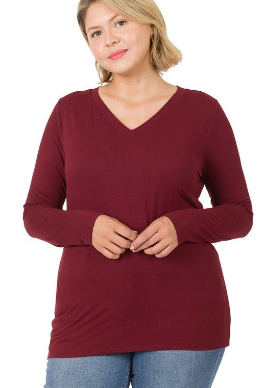 BUTTERY SOFT LONG SLEEVE TOP V-NECK TOP | CURVY | mustard| burgundy| olive|