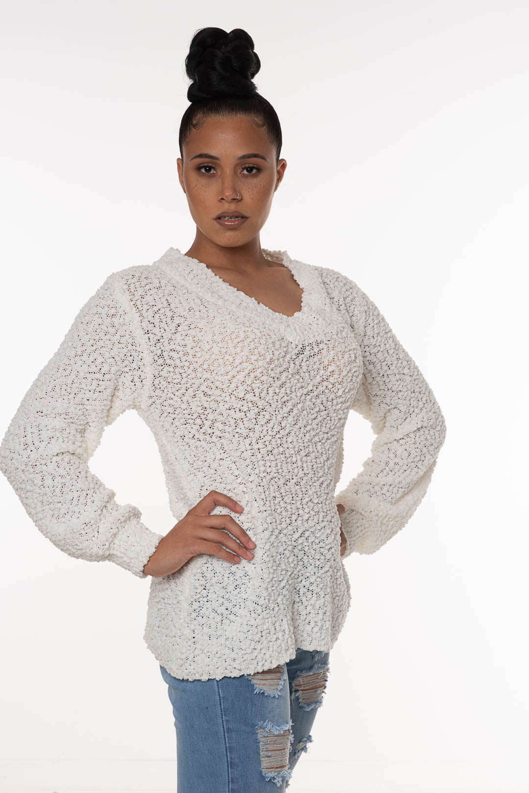 White shop popcorn sweater