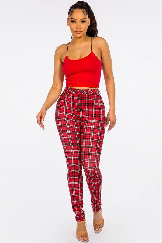 Women's Two Toen Houndstooth Plaid Legging Pants (Wine Red